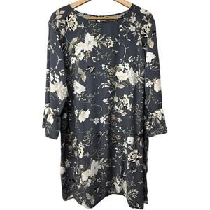 Old Navy Women’s Plus Size XXL Shift Dress Gray Floral 3/4 Ruffle Sleeve Cottage